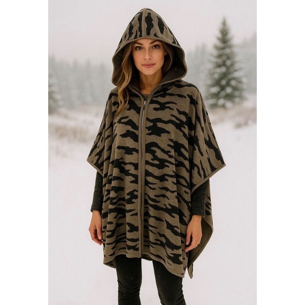 Tahari Womens Camo Hooded Zip Front Poncho Sweater Olive Green Black L/XL
